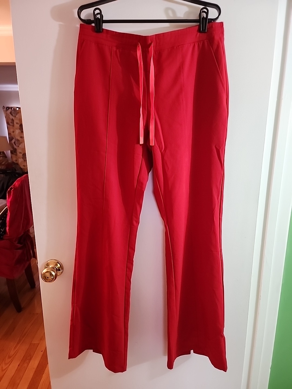 Figs Women’s Pop Red Drawstring Flare Leg Scrub  Pants With Snap Hemline